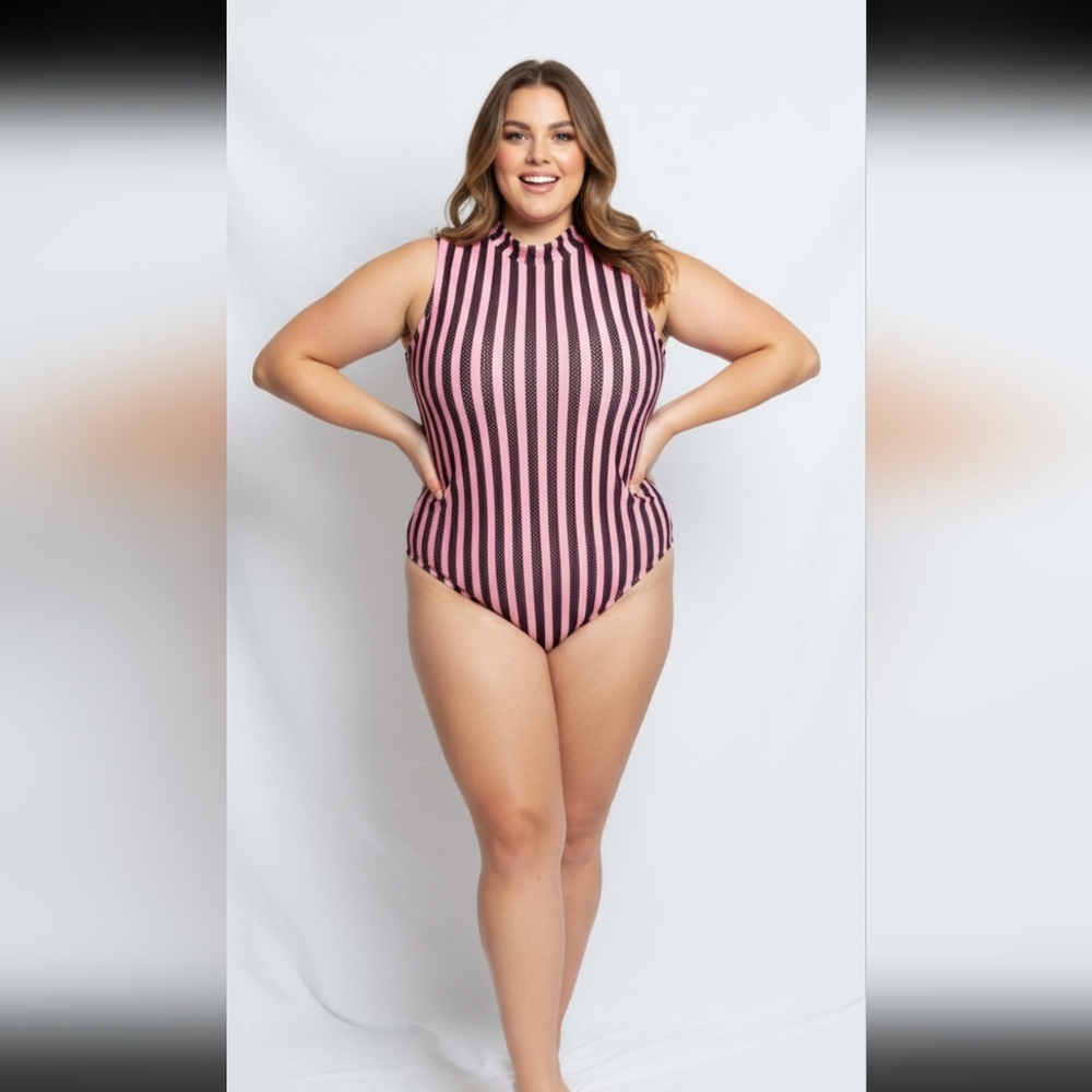 NWT Pink Black Mesh Stripped Bodysuit Sz 2x